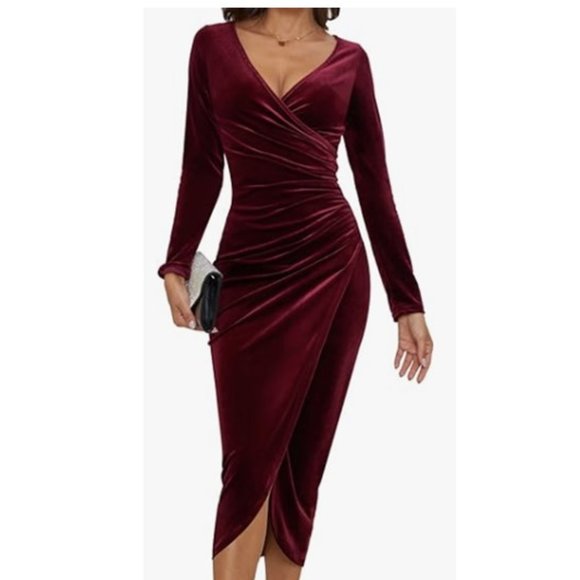 Women's V Neck Wrap Velvet Long Sleeve Elegant Bodycon Ruched Cocktail Party Max - Picture 1 of 1
